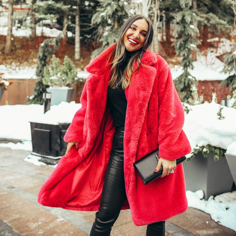 Luxury Winter Long Overcoats Women Oversized Lapel Belted Faux Rabbit Fur Coat Jacket Female Plus Size Outerwear Plush Fur Coats
