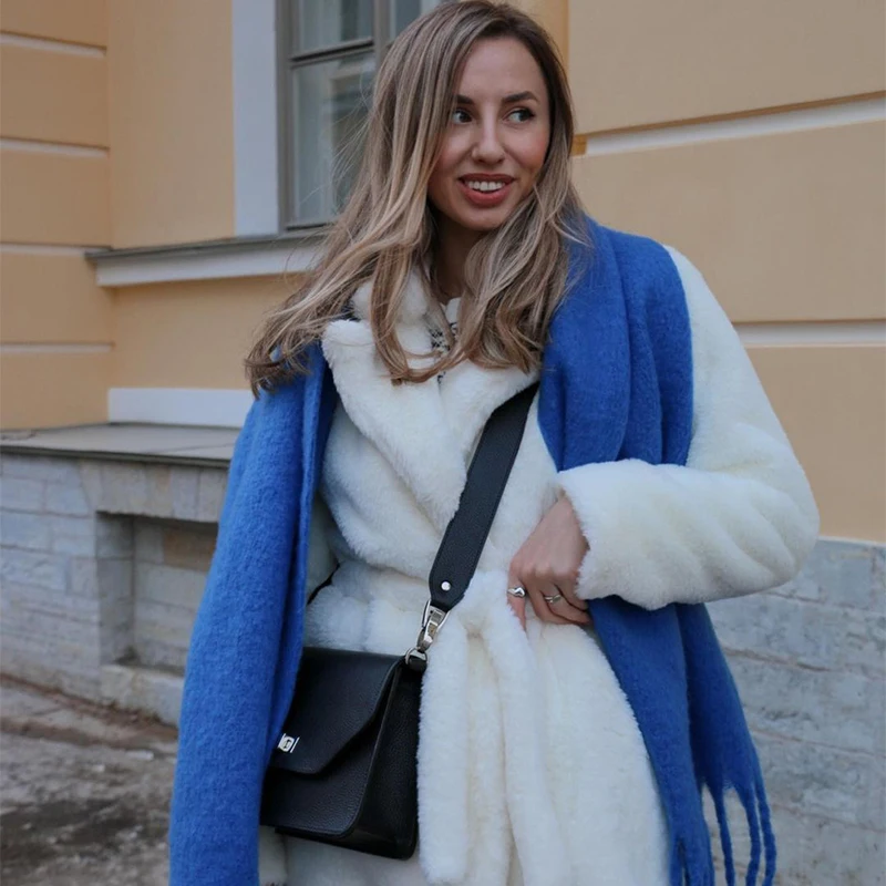 Luxury Winter Long Overcoats Women Oversized Lapel Belted Faux Rabbit Fur Coat Jacket Female Plus Size Outerwear Plush Fur Coats