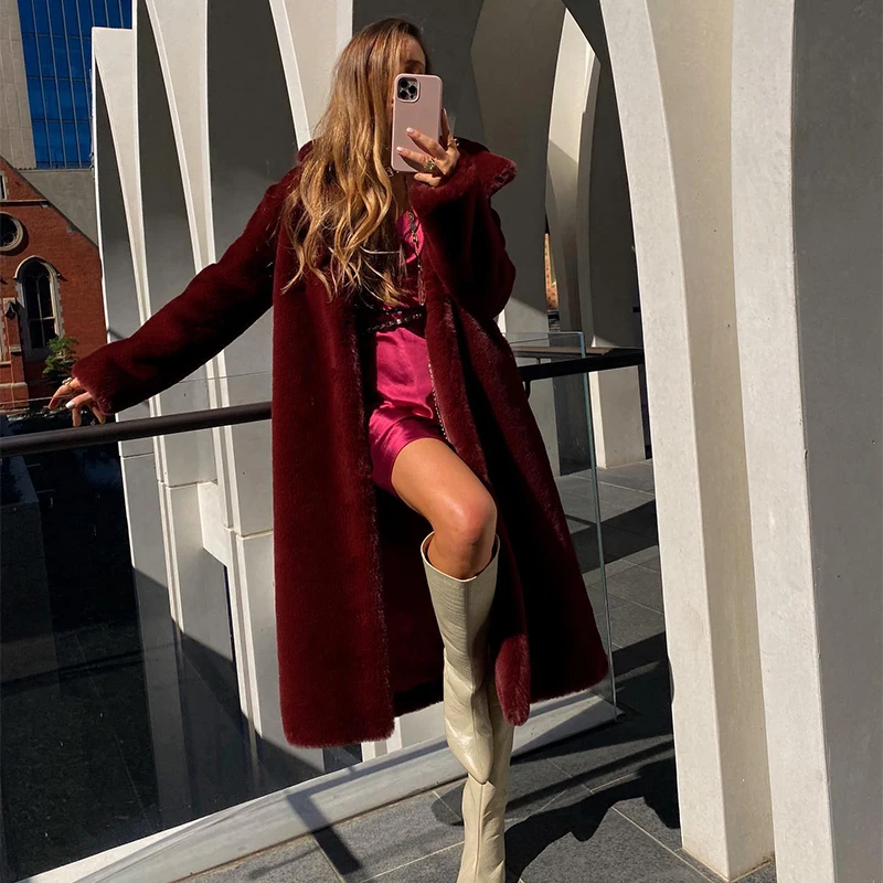 Luxury Winter Long Overcoats Women Oversized Lapel Belted Faux Rabbit Fur Coat Jacket Female Plus Size Outerwear Plush Fur Coats