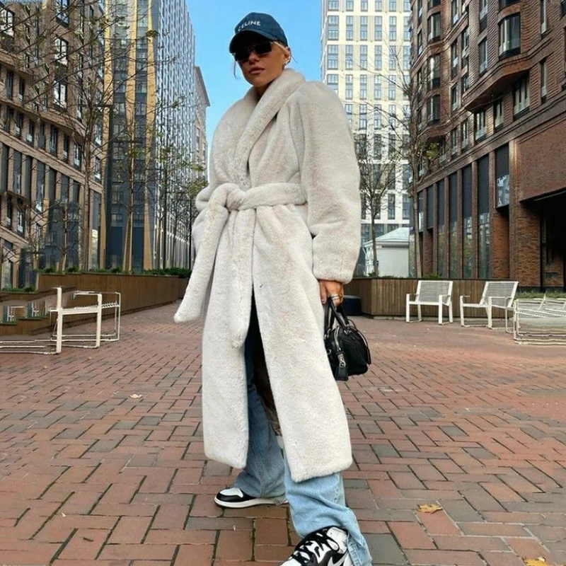 Luxury Winter Long Overcoats Women Oversized Lapel Belted Faux Rabbit Fur Coat Jacket Female Plus Size Outerwear Plush Fur Coats