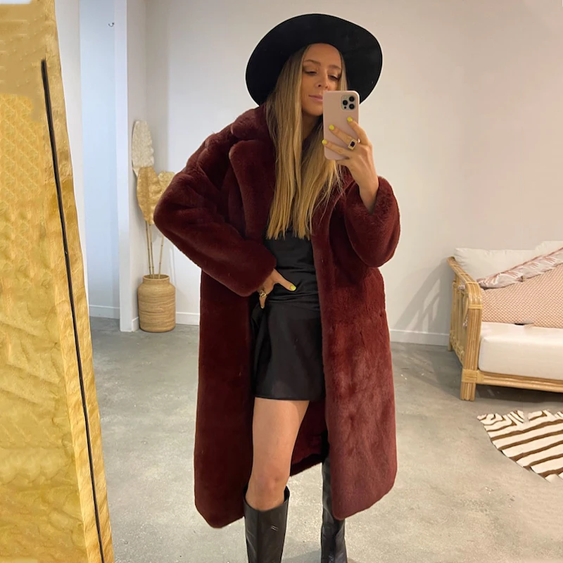 Luxury Winter Long Overcoats Women Oversized Lapel Belted Faux Rabbit Fur Coat Jacket Female Plus Size Outerwear Plush Fur Coats