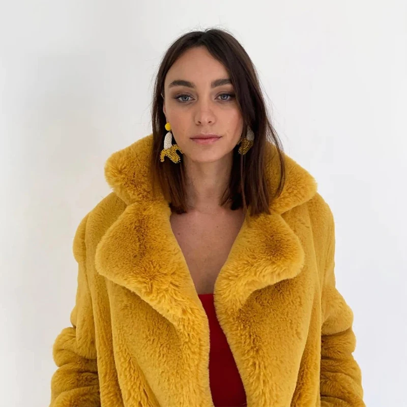 Luxury Winter Long Overcoats Women Oversized Lapel Belted Faux Rabbit Fur Coat Jacket Female Plus Size Outerwear Plush Fur Coats