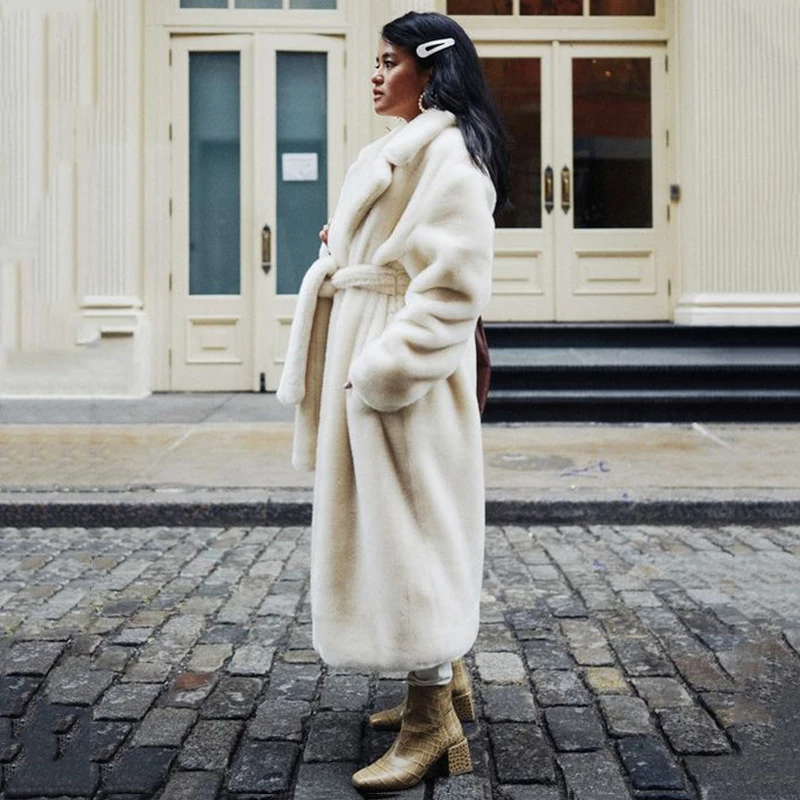 Luxury Winter Long Overcoats Women Oversized Lapel Belted Faux Rabbit Fur Coat Jacket Female Plus Size Outerwear Plush Fur Coats