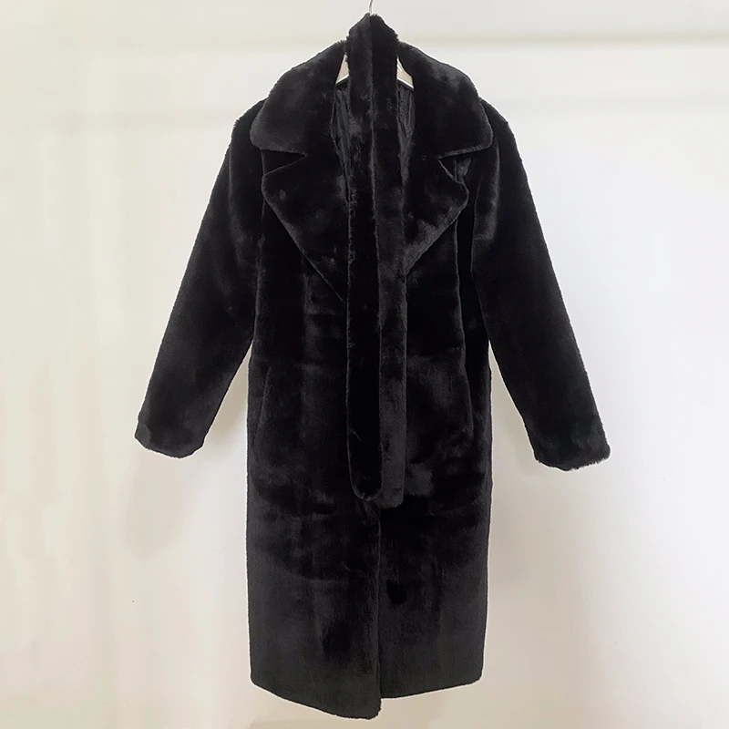 Luxury Winter Long Overcoats Women Oversized Lapel Belted Faux Rabbit Fur Coat Jacket Female Plus Size Outerwear Plush Fur Coats