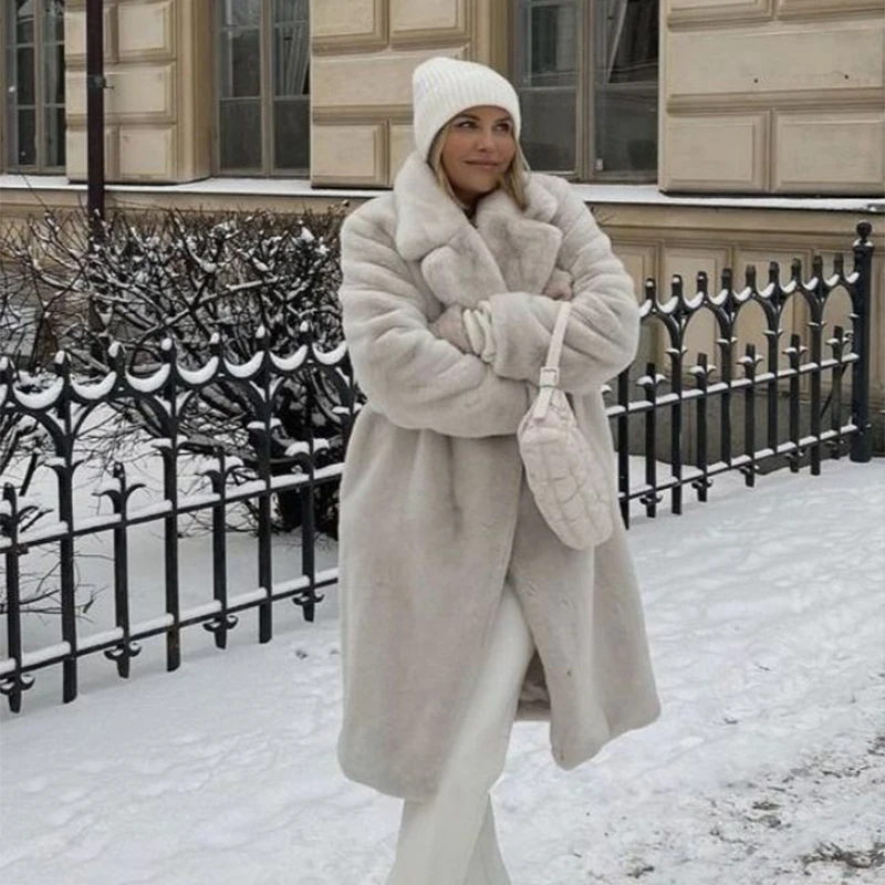 Luxury Winter Long Overcoats Women Oversized Lapel Belted Faux Rabbit Fur Coat Jacket Female Plus Size Outerwear Plush Fur Coats
