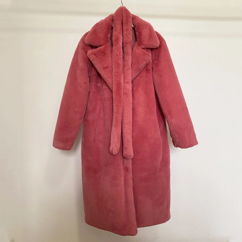 Luxury Winter Long Overcoats Women Oversized Lapel Belted Faux Rabbit Fur Coat Jacket Female Plus Size Outerwear Plush Fur Coats