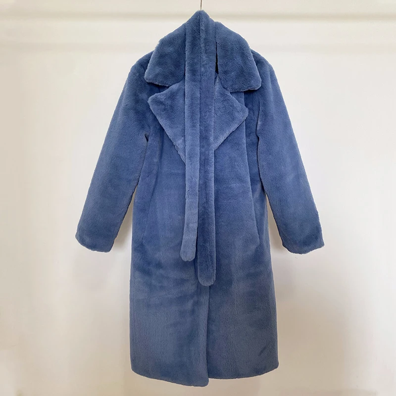 Luxury Winter Long Overcoats Women Oversized Lapel Belted Faux Rabbit Fur Coat Jacket Female Plus Size Outerwear Plush Fur Coats