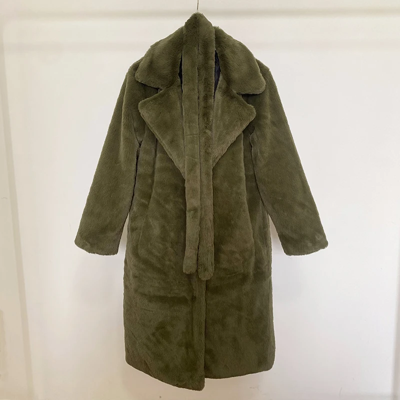 Luxury Winter Long Overcoats Women Oversized Lapel Belted Faux Rabbit Fur Coat Jacket Female Plus Size Outerwear Plush Fur Coats