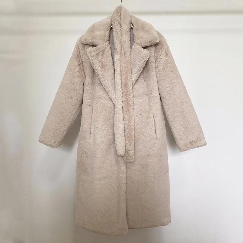 Luxury Winter Long Overcoats Women Oversized Lapel Belted Faux Rabbit Fur Coat Jacket Female Plus Size Outerwear Plush Fur Coats