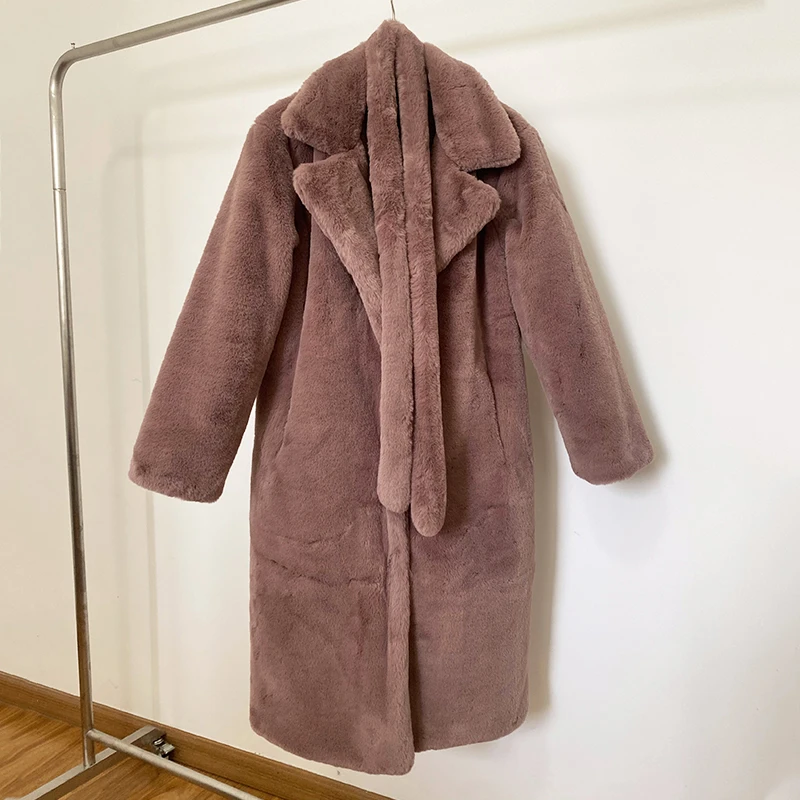 Luxury Winter Long Overcoats Women Oversized Lapel Belted Faux Rabbit Fur Coat Jacket Female Plus Size Outerwear Plush Fur Coats
