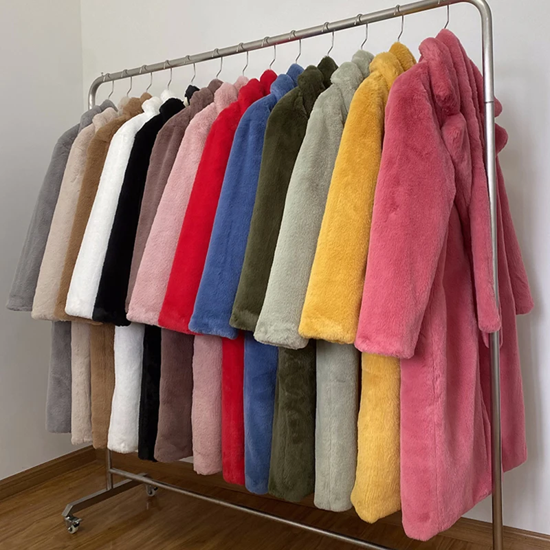 Luxury Winter Long Overcoats Women Oversized Lapel Belted Faux Rabbit Fur Coat Jacket Female Plus Size Outerwear Plush Fur Coats