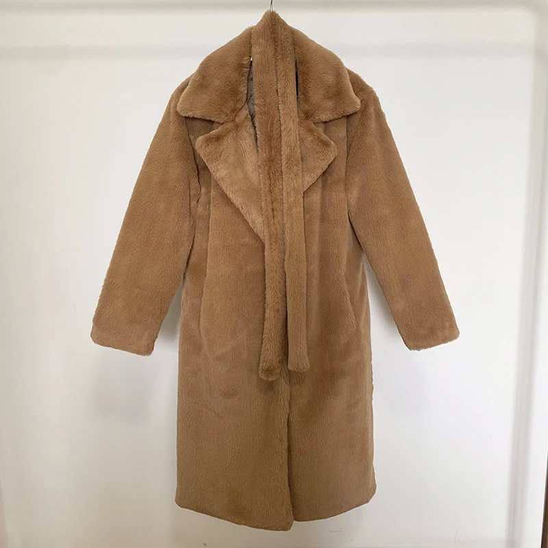 Luxury Winter Long Overcoats Women Oversized Lapel Belted Faux Rabbit Fur Coat Jacket Female Plus Size Outerwear Plush Fur Coats