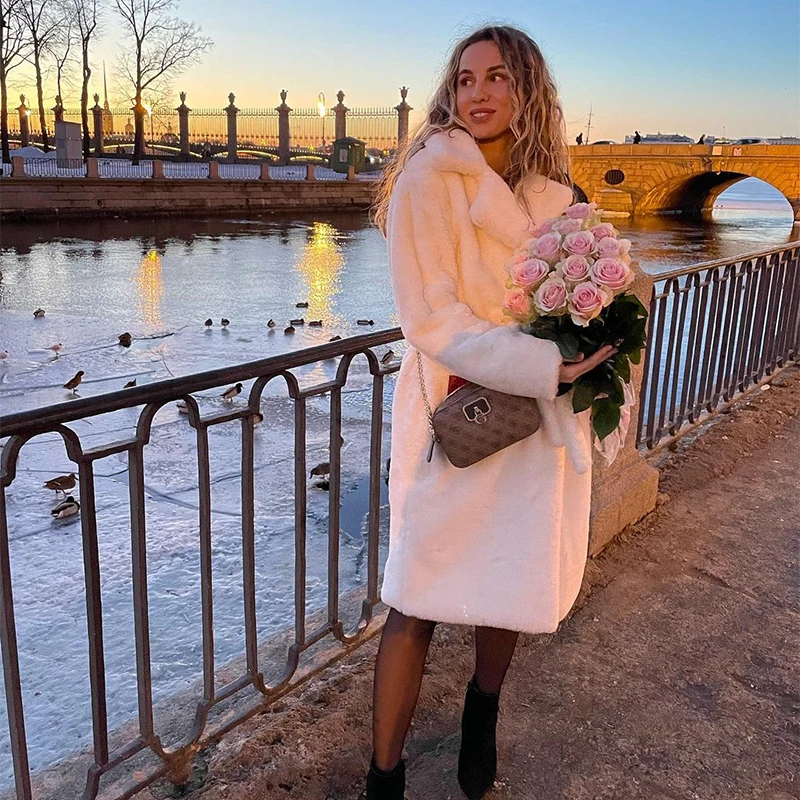 Luxury Winter Long Overcoats Women Oversized Lapel Belted Faux Rabbit Fur Coat Jacket Female Plus Size Outerwear Plush Fur Coats