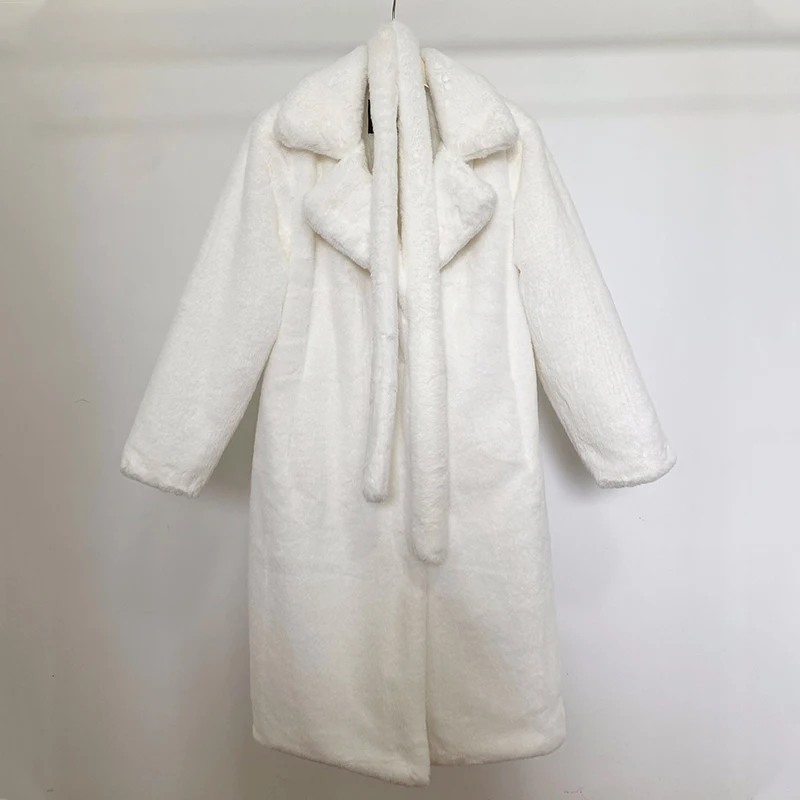 Luxury Winter Long Overcoats Women Oversized Lapel Belted Faux Rabbit Fur Coat Jacket Female Plus Size Outerwear Plush Fur Coats