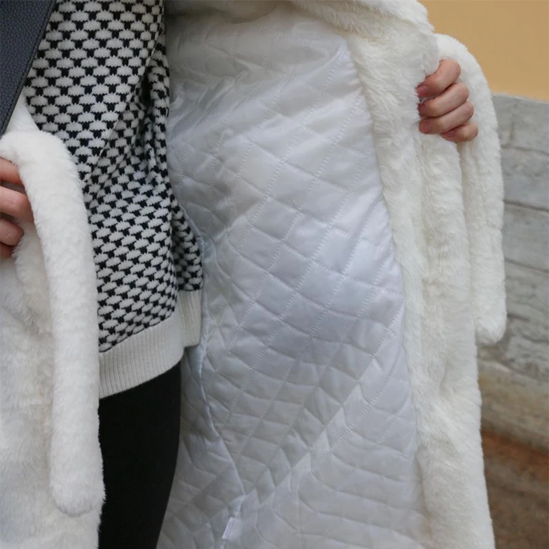 Luxury Winter Long Overcoats Women Oversized Lapel Belted Faux Rabbit Fur Coat Jacket Female Plus Size Outerwear Plush Fur Coats