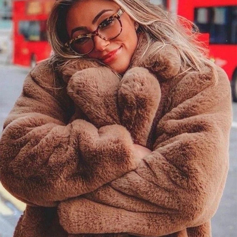 Luxury Winter Long Overcoats Women Oversized Lapel Belted Faux Rabbit Fur Coat Jacket Female Plus Size Outerwear Plush Fur Coats