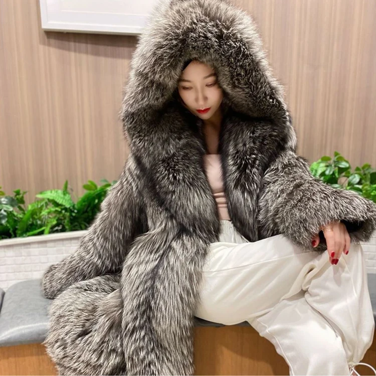 Women's fur coat imitation fox fur windbreaker hood long jacket young winter warm casual