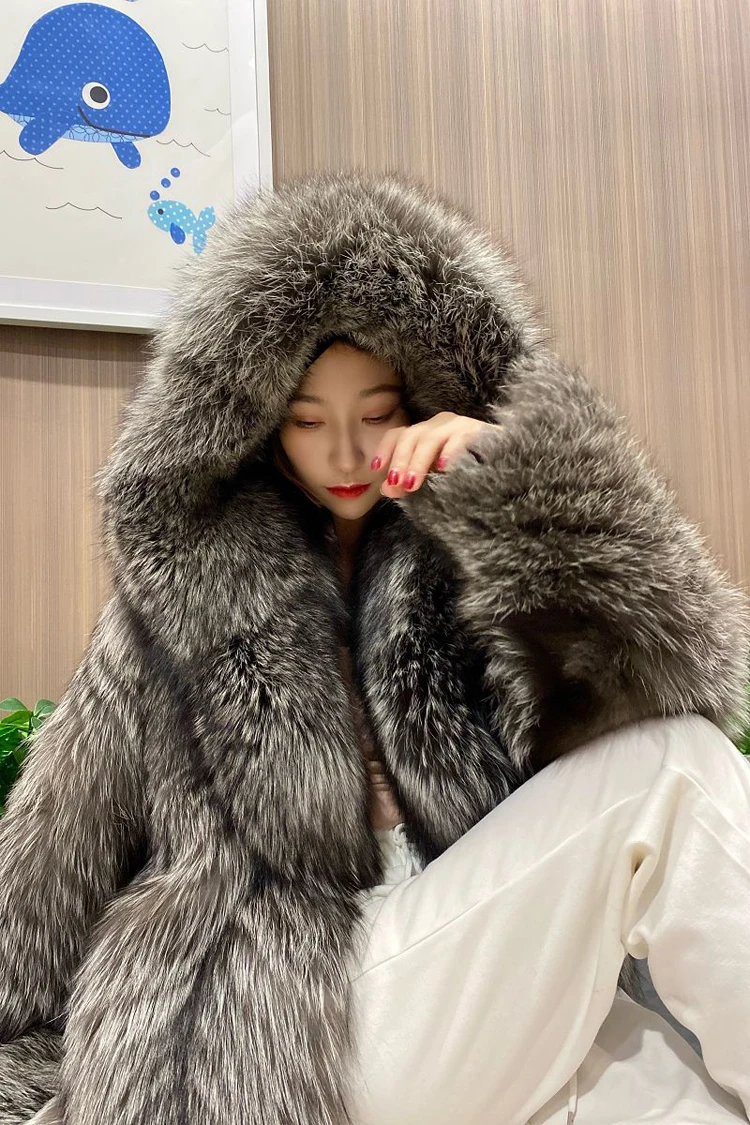 Women's fur coat imitation fox fur windbreaker hood long jacket young winter warm casual