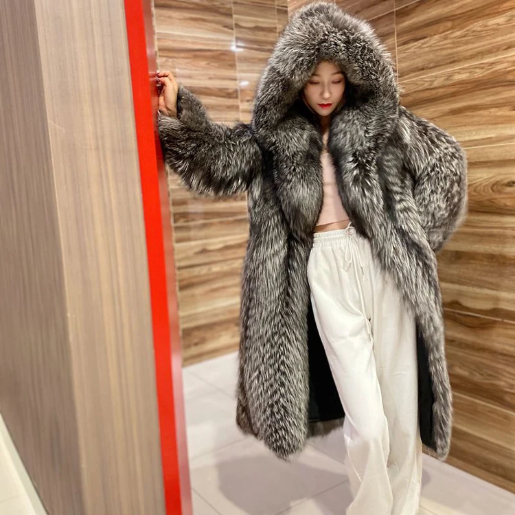 Women's fur coat imitation fox fur windbreaker hood long jacket young winter warm casual