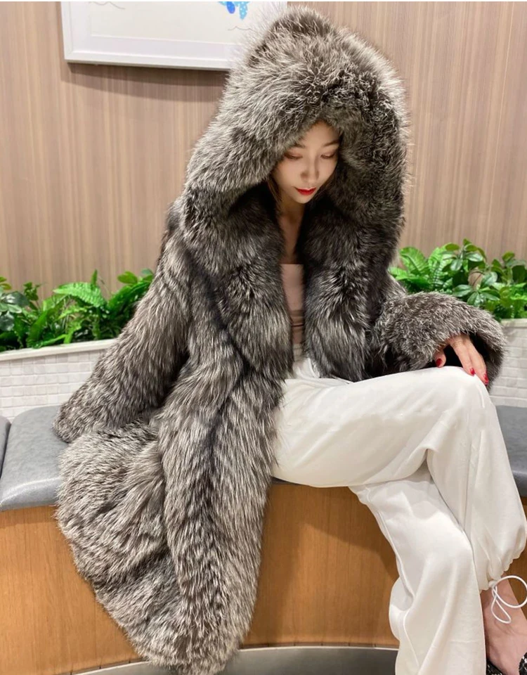 Women's fur coat imitation fox fur windbreaker hood long jacket young winter warm casual