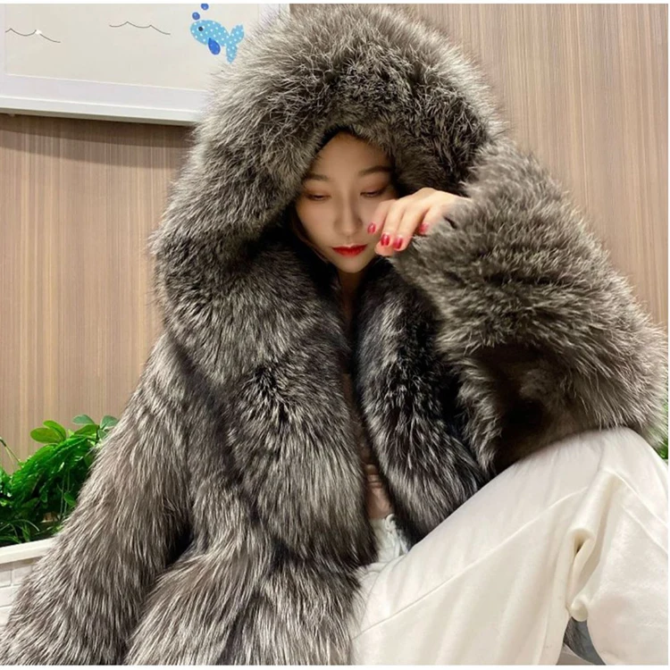 Women's fur coat imitation fox fur windbreaker hood long jacket young winter warm casual