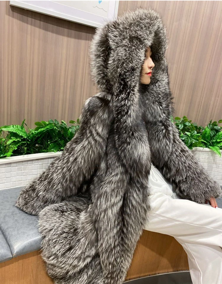 Women's fur coat imitation fox fur windbreaker hood long jacket young winter warm casual