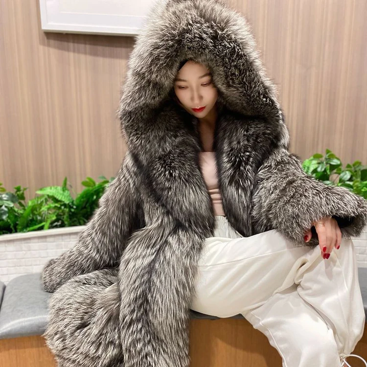 Women's fur coat imitation fox fur windbreaker hood long jacket young winter warm casual