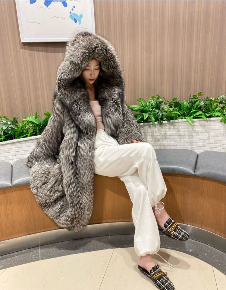 Women's fur coat imitation fox fur windbreaker hood long jacket young winter warm casual