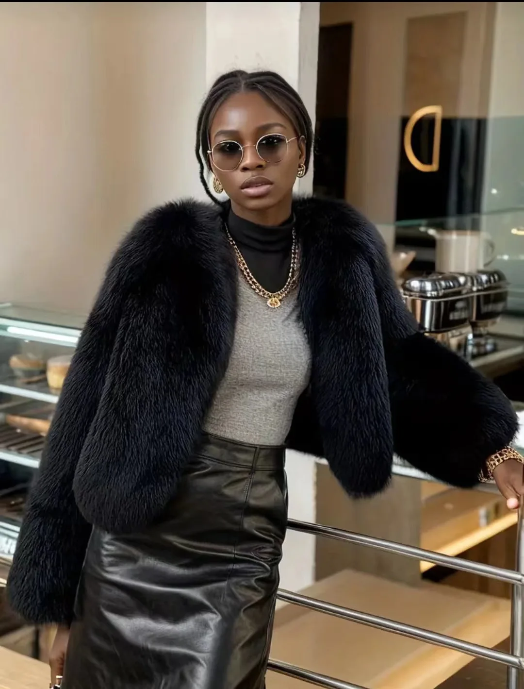 Luxury Autumn Winter Faux Fur Jacket Black White Elegant Short Style Fox Fur Coat Classic Ins Chic Girls Fluffy Plush Jacket