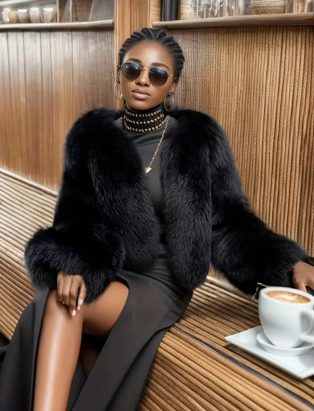 Luxury Autumn Winter Faux Fur Jacket Black White Elegant Short Style Fox Fur Coat Classic Ins Chic Girls Fluffy Plush Jacket