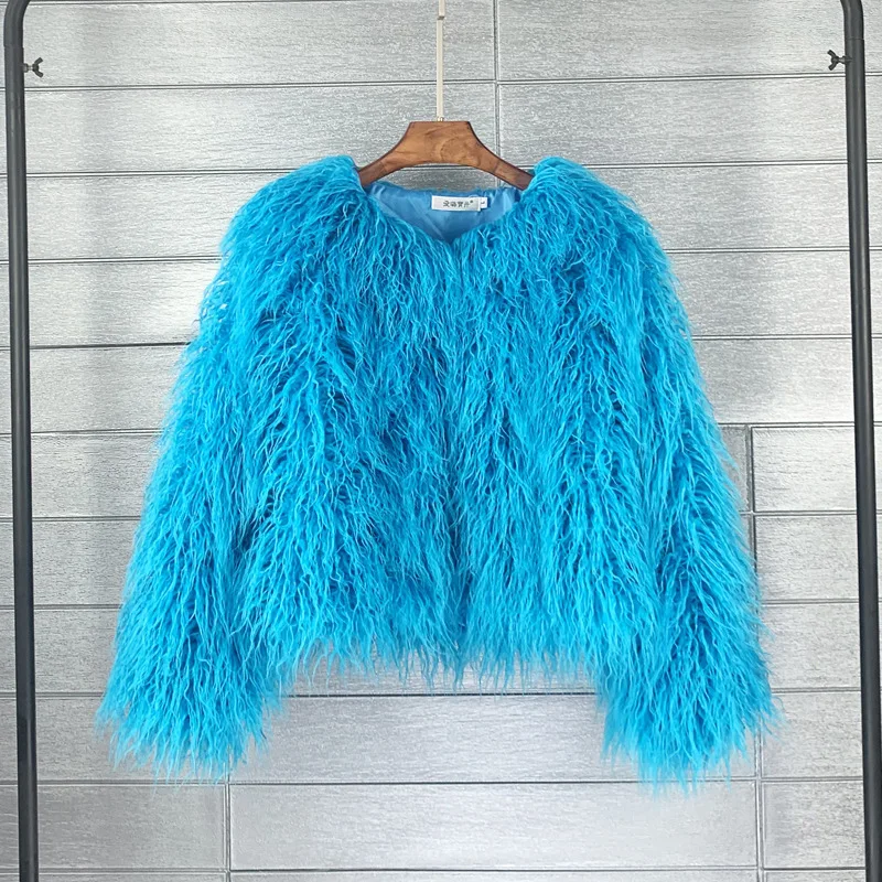 LANMREM Fashion Imitation Fur Coat Women's O-neck Long Sleeves Bright Color Elegant Coats Party Clothes Autumn Winter New 2Z2561