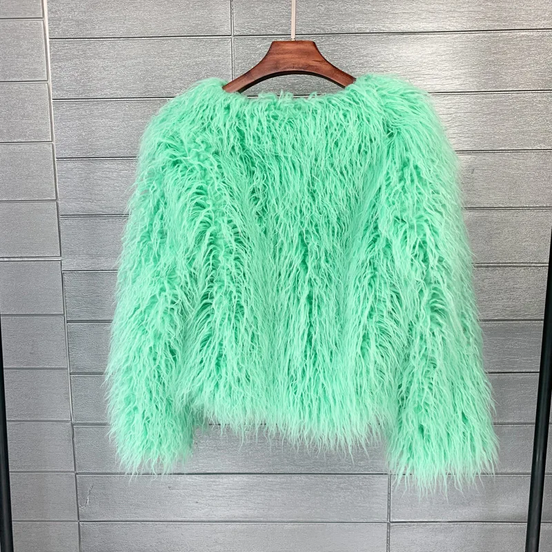 LANMREM Fashion Imitation Fur Coat Women's O-neck Long Sleeves Bright Color Elegant Coats Party Clothes Autumn Winter New 2Z2561