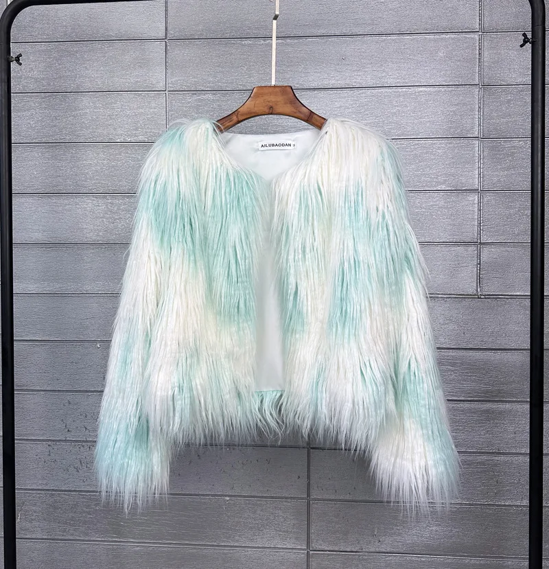 LANMREM Fashion Imitation Fur Coat Women's O-neck Long Sleeves Bright Color Elegant Coats Party Clothes Autumn Winter New 2Z2561