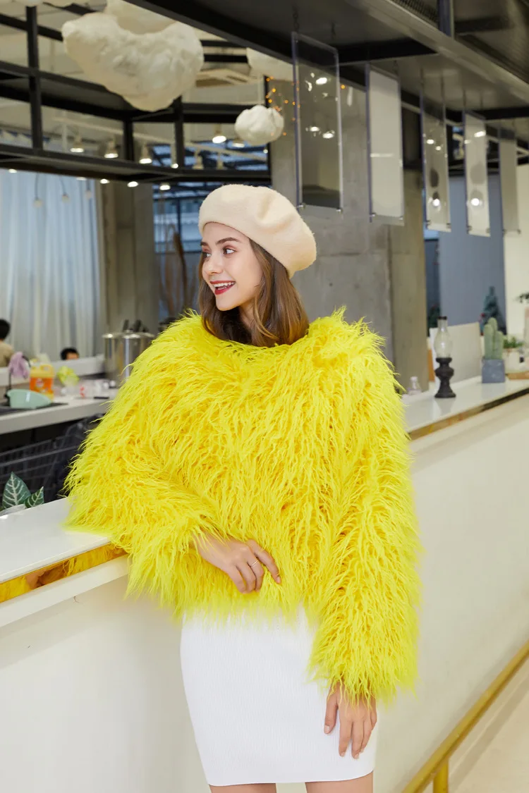 LANMREM Fashion Imitation Fur Coat Women's O-neck Long Sleeves Bright Color Elegant Coats Party Clothes Autumn Winter New 2Z2561