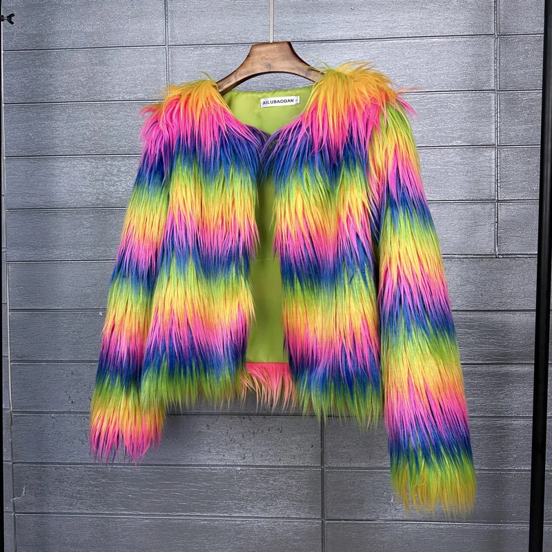 LANMREM Fashion Imitation Fur Coat Women's O-neck Long Sleeves Bright Color Elegant Coats Party Clothes Autumn Winter New 2Z2561