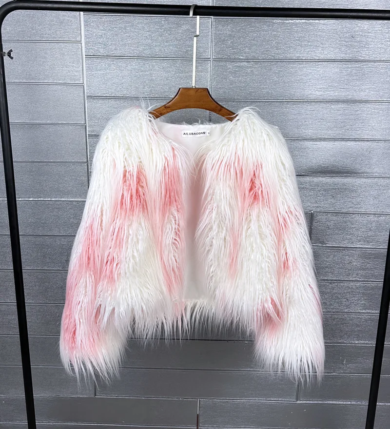 LANMREM Fashion Imitation Fur Coat Women's O-neck Long Sleeves Bright Color Elegant Coats Party Clothes Autumn Winter New 2Z2561