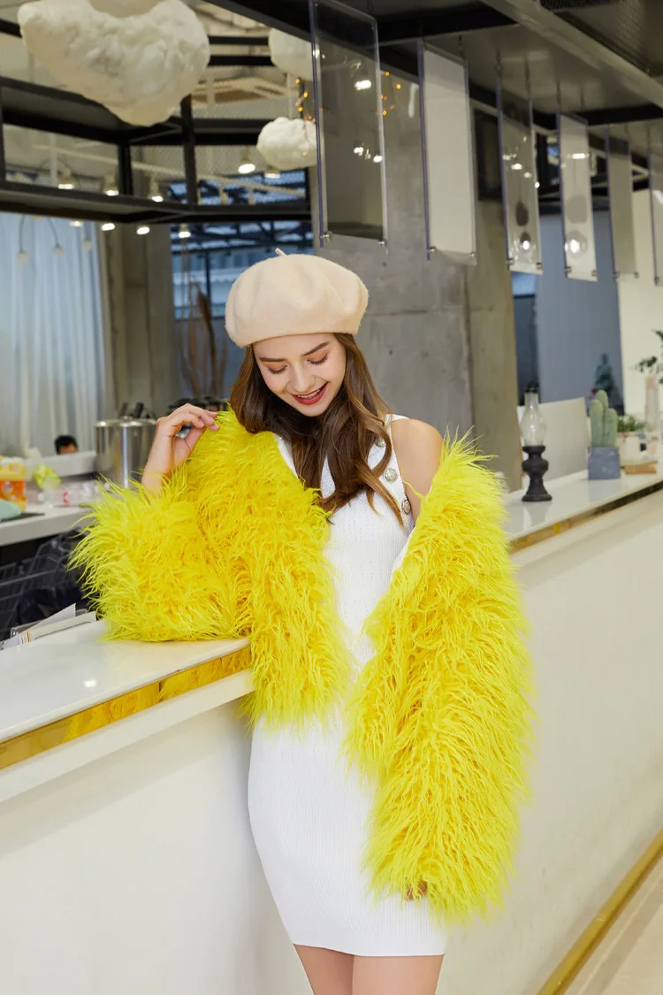 LANMREM Fashion Imitation Fur Coat Women's O-neck Long Sleeves Bright Color Elegant Coats Party Clothes Autumn Winter New 2Z2561