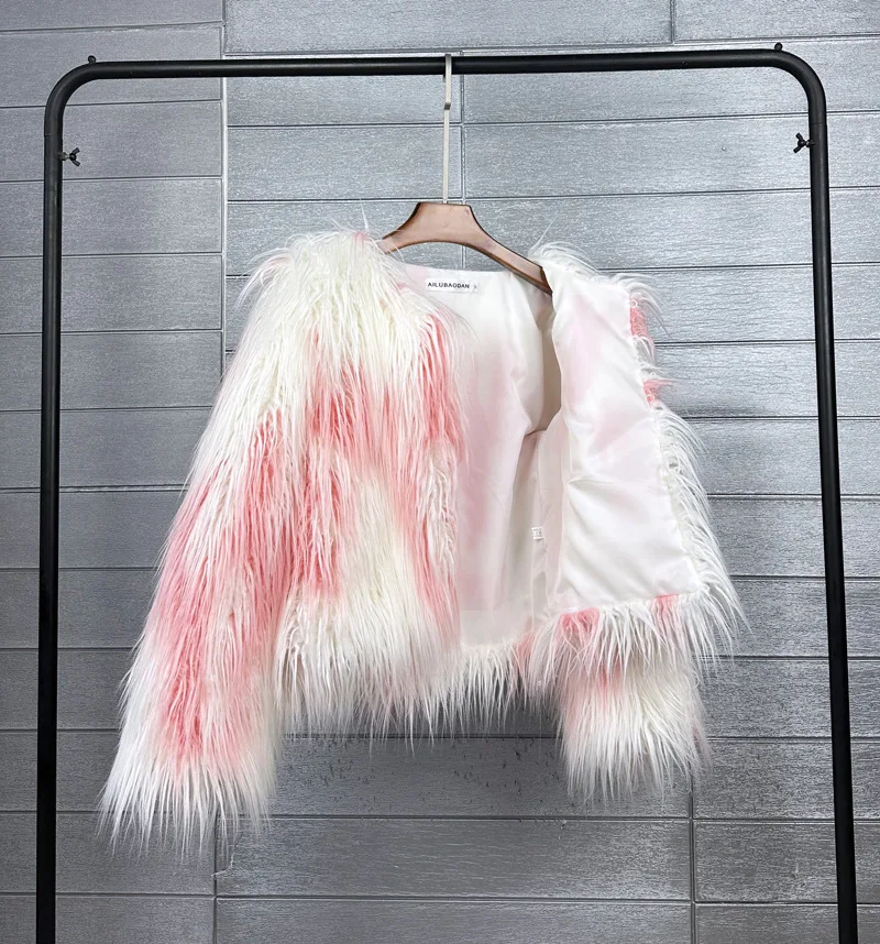 LANMREM Fashion Imitation Fur Coat Women's O-neck Long Sleeves Bright Color Elegant Coats Party Clothes Autumn Winter New 2Z2561