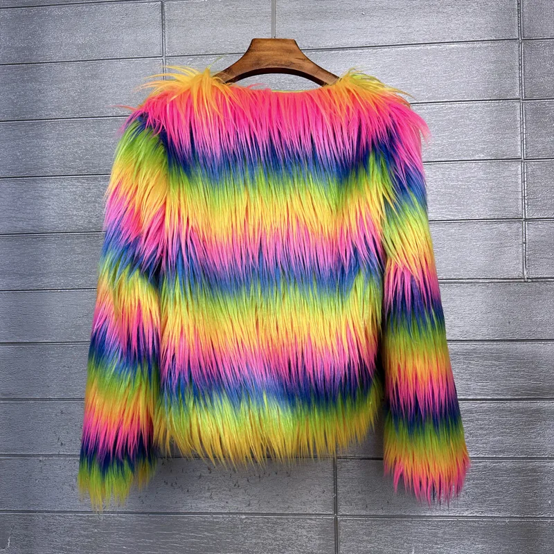 LANMREM Fashion Imitation Fur Coat Women's O-neck Long Sleeves Bright Color Elegant Coats Party Clothes Autumn Winter New 2Z2561