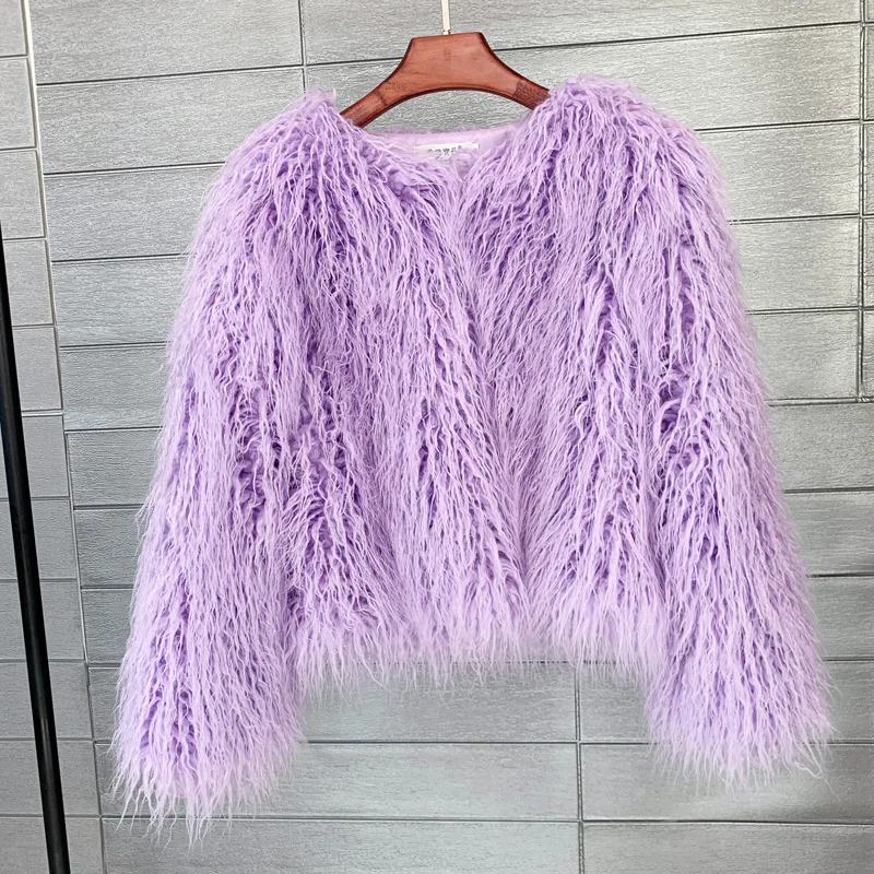 LANMREM Fashion Imitation Fur Coat Women's O-neck Long Sleeves Bright Color Elegant Coats Party Clothes Autumn Winter New 2Z2561