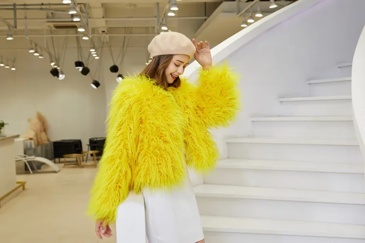 LANMREM Fashion Imitation Fur Coat Women's O-neck Long Sleeves Bright Color Elegant Coats Party Clothes Autumn Winter New 2Z2561