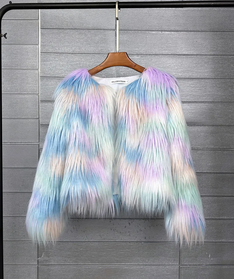 LANMREM Fashion Imitation Fur Coat Women's O-neck Long Sleeves Bright Color Elegant Coats Party Clothes Autumn Winter New 2Z2561