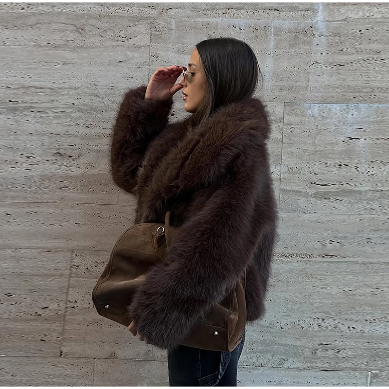 Elegant Luxury Thicken Brown Faux Fur Coats Women Loose Lapel Long Sleeve Furry Coats 2025 Winter Lady Warm Chic Outwear New