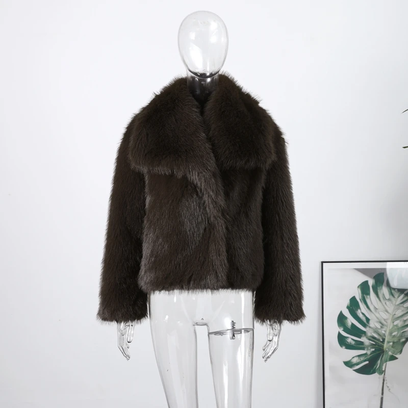 Elegant Luxury Thicken Brown Faux Fur Coats Women Loose Lapel Long Sleeve Furry Coats 2025 Winter Lady Warm Chic Outwear New