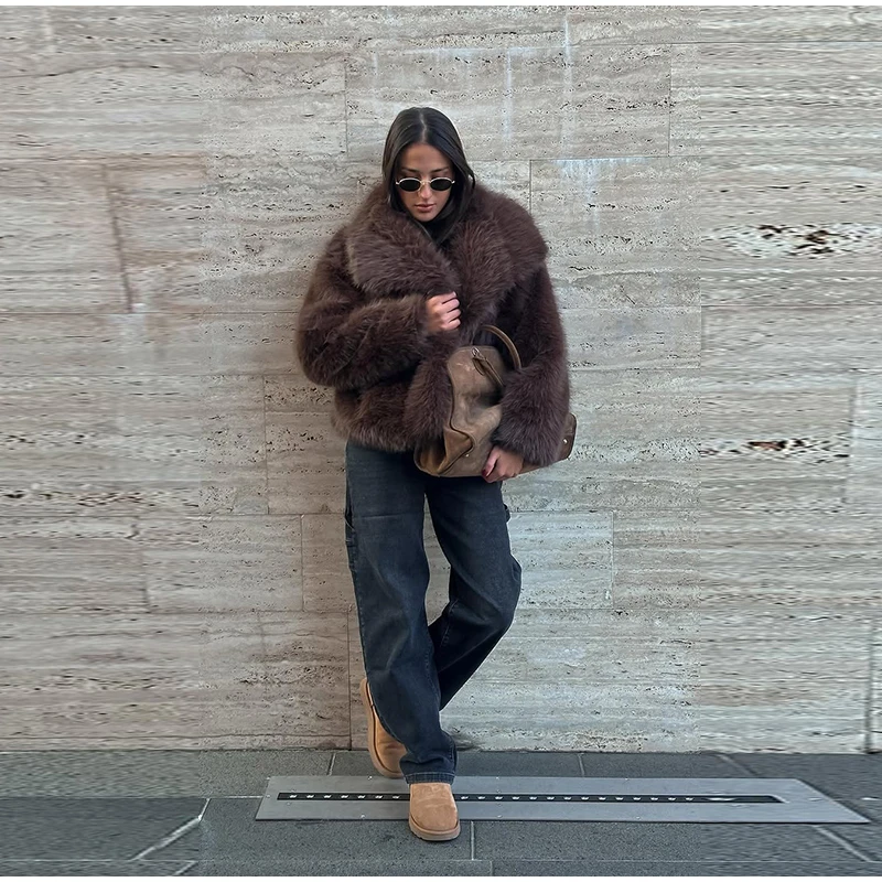 Elegant Luxury Thicken Brown Faux Fur Coats Women Loose Lapel Long Sleeve Furry Coats 2025 Winter Lady Warm Chic Outwear New