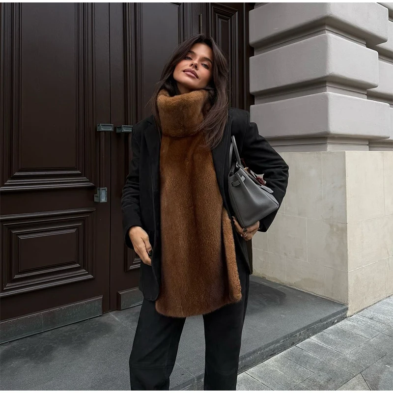 Elegant Luxury Thicken Brown Faux Fur Coats Women Loose Lapel Long Sleeve Furry Coats 2025 Winter Lady Warm Chic Outwear New