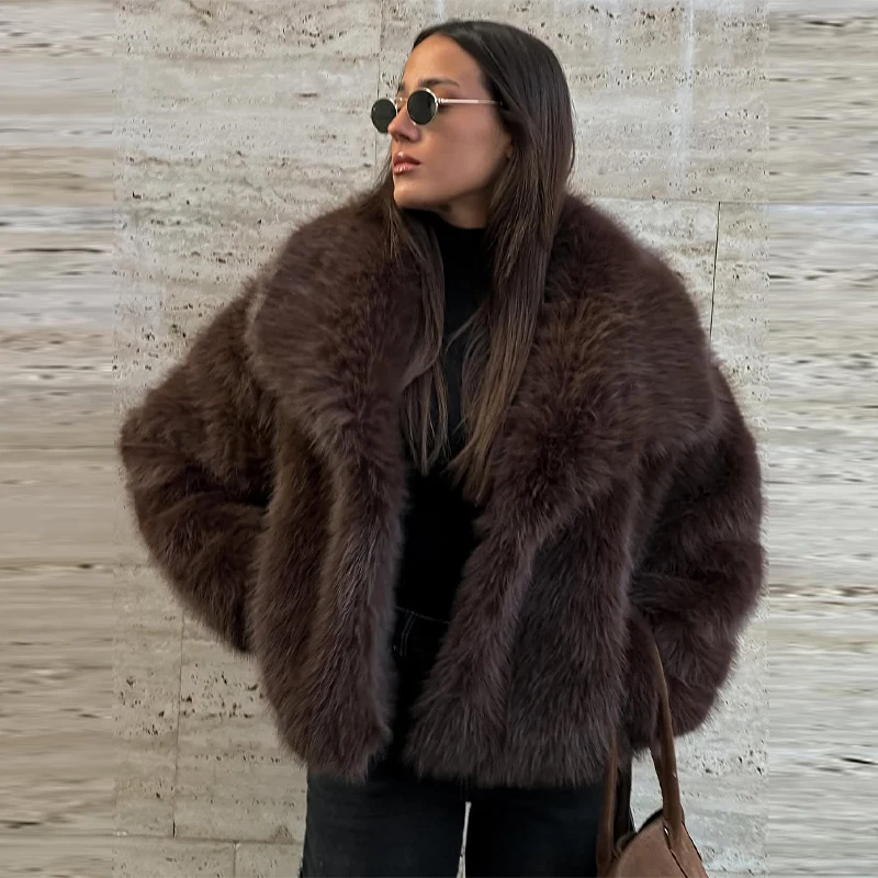 Elegant Luxury Thicken Brown Faux Fur Coats Women Loose Lapel Long Sleeve Furry Coats 2025 Winter Lady Warm Chic Outwear New