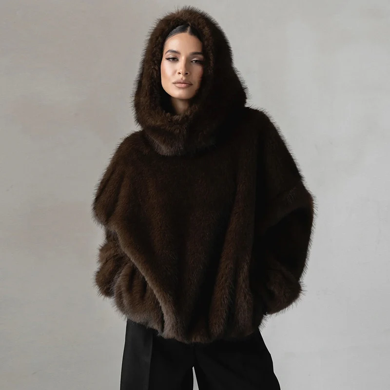 Elegant Luxury Thicken Brown Faux Fur Coats Women Loose Lapel Long Sleeve Furry Coats 2025 Winter Lady Warm Chic Outwear New