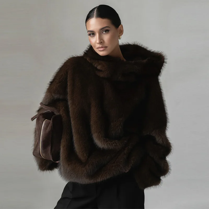 Elegant Luxury Thicken Brown Faux Fur Coats Women Loose Lapel Long Sleeve Furry Coats 2025 Winter Lady Warm Chic Outwear New
