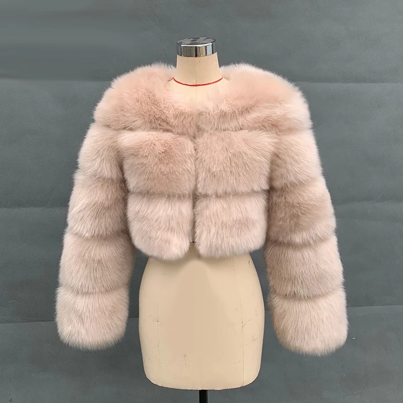 HJQJLJLS 2022 Winter Fashion Women Short Faux Fox Fur Coat Female Thick Fluffy Long Sleeve Crop Furry Top Lady Jacket LJLS129